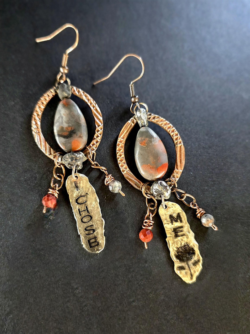 Just Me I Chose Me Earrings, Asymmetrical Copper Jasper Statement Earrings, Rustic Mixed Metal Boho