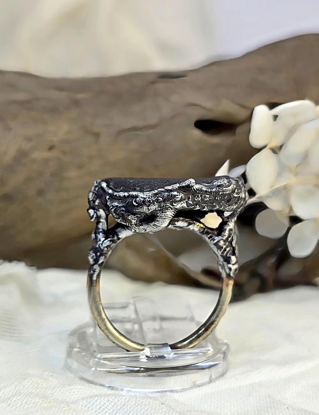 RESURGENT One Piece Left Ring, Green Sea Glass Statement Ring, Handmade Silver Soldered Glass Ring