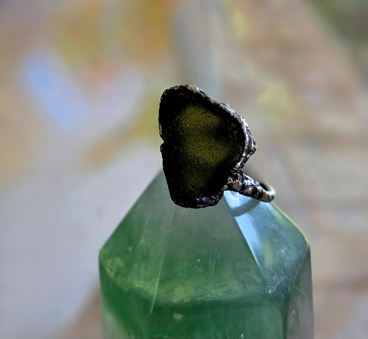 RESURGENT One Piece Left Ring, Green Sea Glass Statement Ring, Handmade Silver Soldered Glass Ring