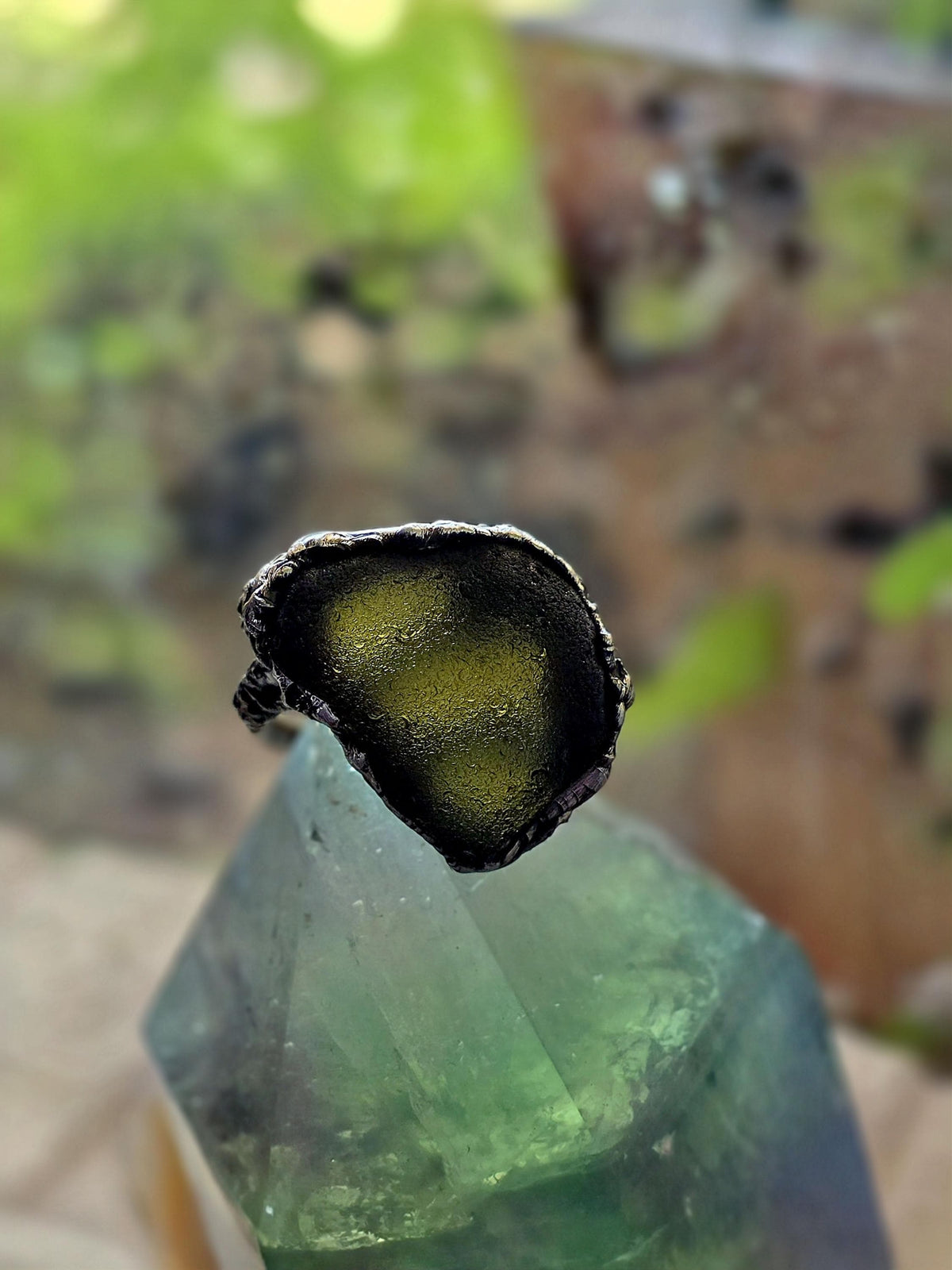 RESURGENT One Piece Left Ring, Green Sea Glass Statement Ring, Handmade Silver Soldered Glass Ring
