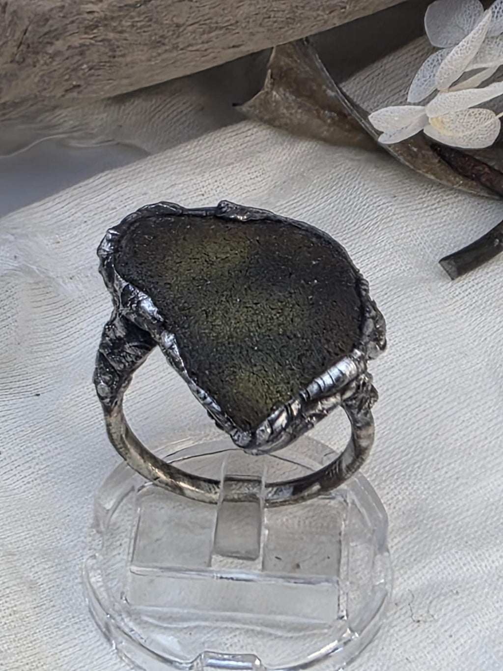RESURGENT One Piece Left Ring, Green Sea Glass Statement Ring, Handmade Silver Soldered Glass Ring