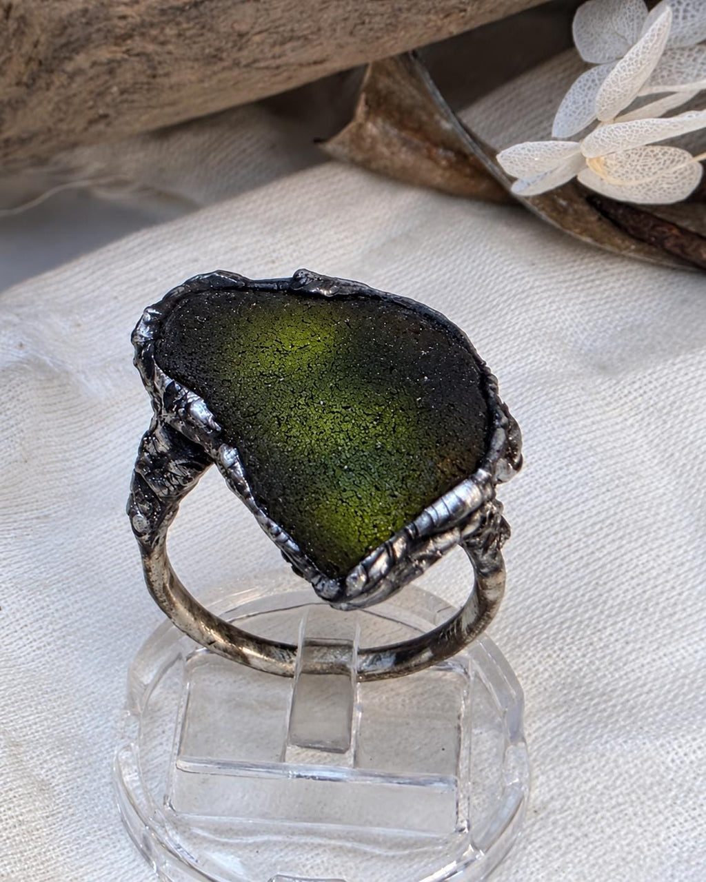RESURGENT One Piece Left Ring, Green Sea Glass Statement Ring, Handmade Silver Soldered Glass Ring