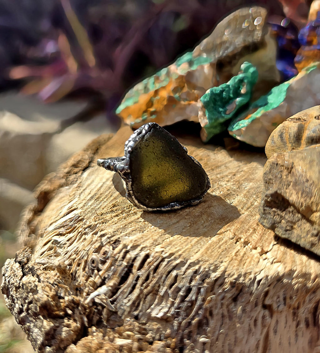 RESURGENT One Piece Left Ring, Green Sea Glass Statement Ring, Handmade Silver Soldered Glass Ring