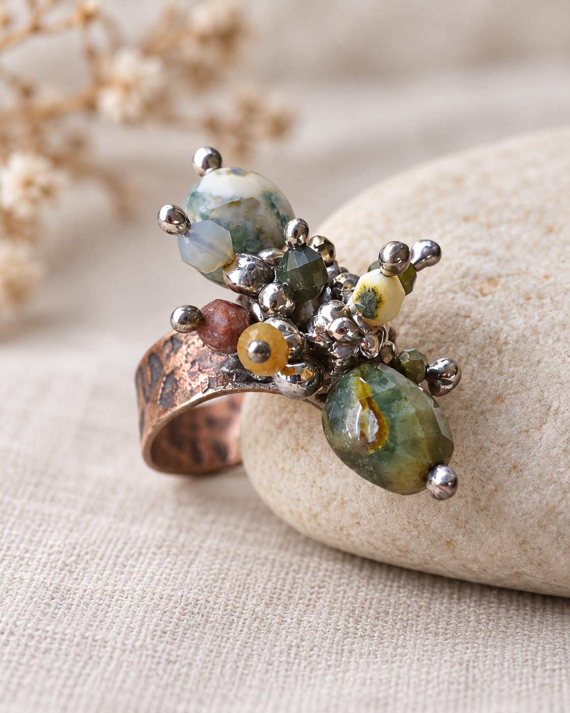Handmade Copper Statement Ring, Green Gemstone Cluster Ring, Boho Artisan Jewelry, One of a Kind Ring, Wild One Just Me