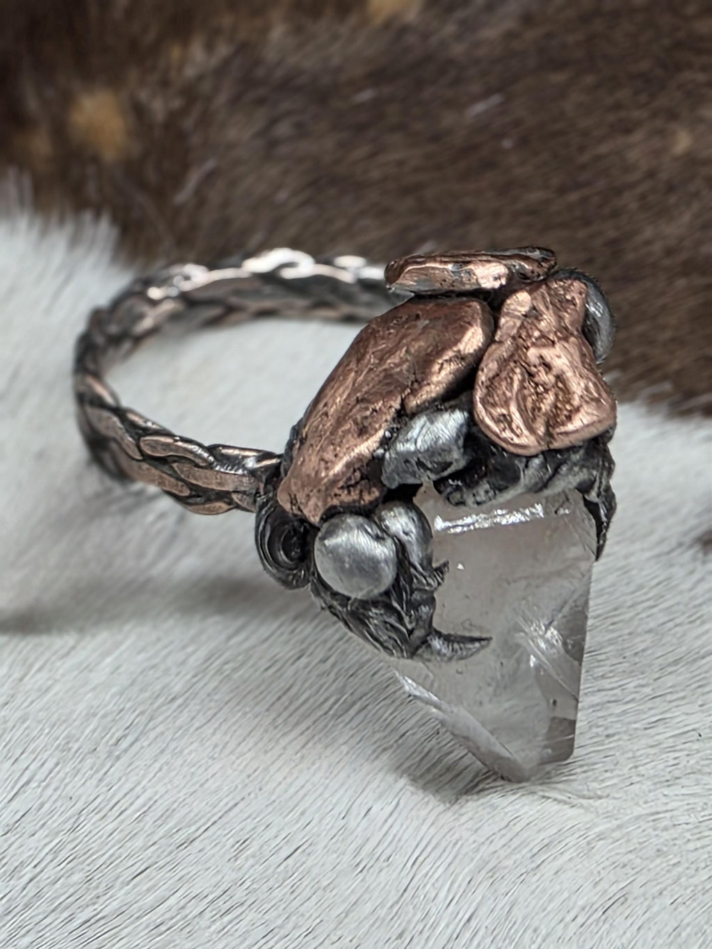RESURGENT Clawed Back Ring, Raw Quartz Crystal Statement Ring, Handmade Copper Silver Soldered Claw Ring