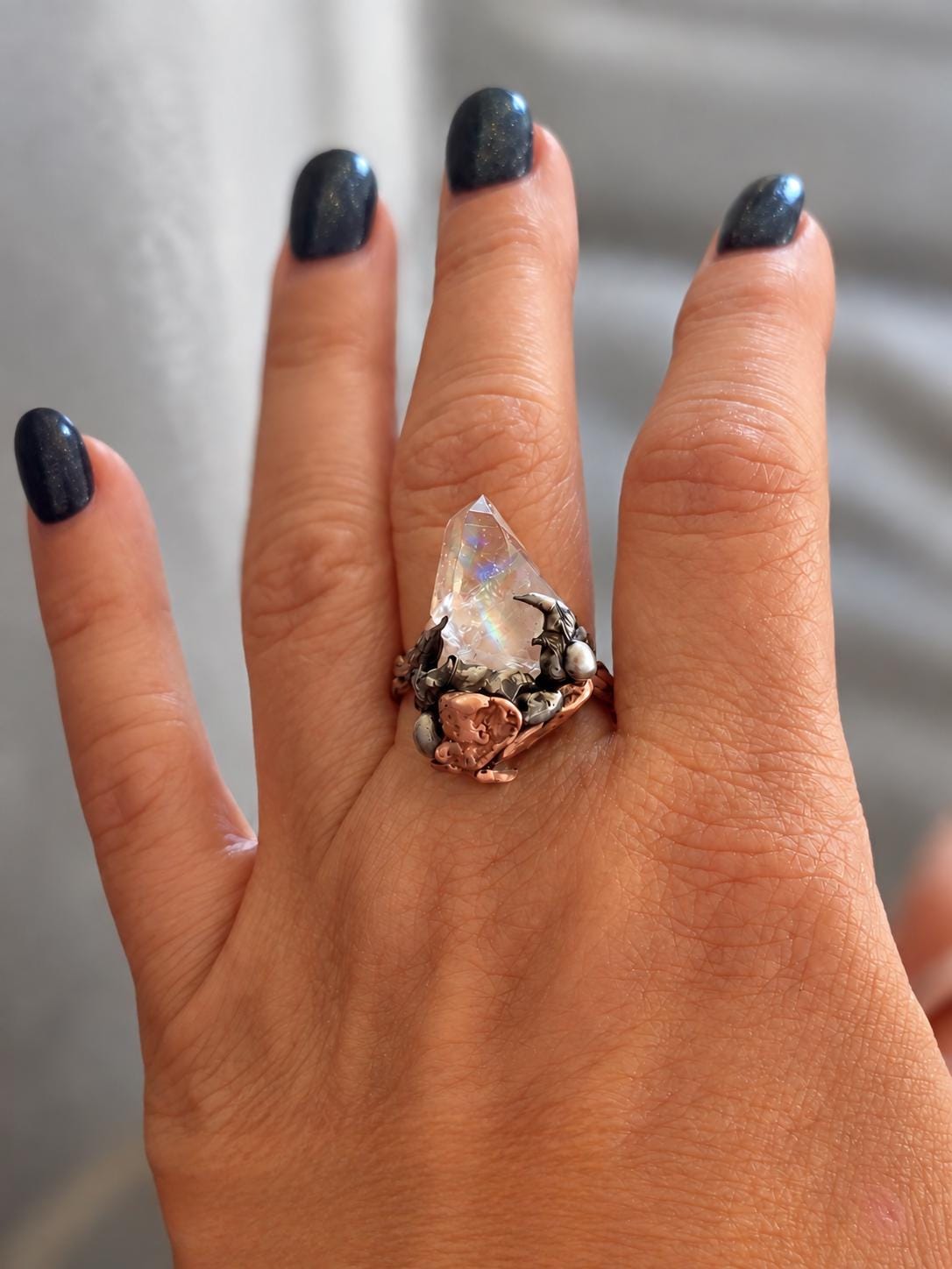 RESURGENT Clawed Back Ring, Raw Quartz Crystal Statement Ring, Handmade Copper Silver Soldered Claw Ring