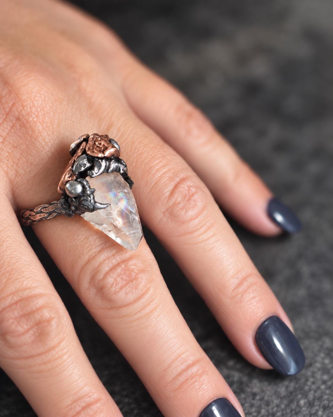 RESURGENT Clawed Back Ring, Raw Quartz Crystal Statement Ring, Handmade Copper Silver Soldered Claw Ring