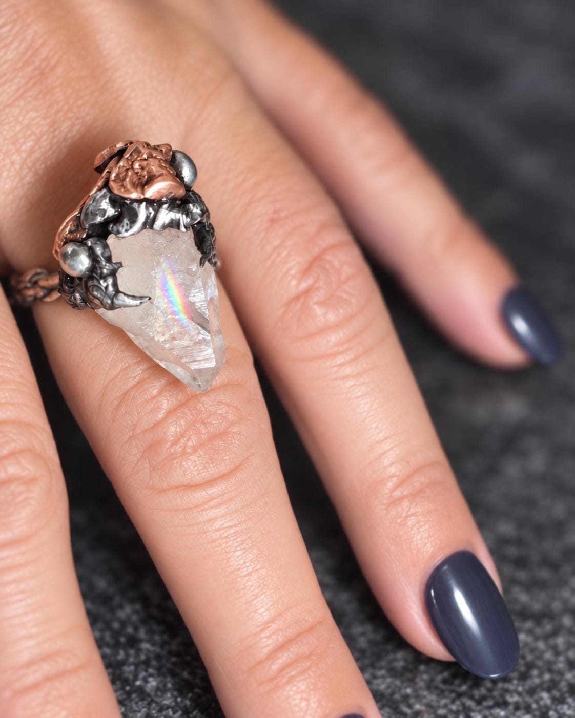 RESURGENT Clawed Back Ring, Raw Quartz Crystal Statement Ring, Handmade Copper Silver Soldered Claw Ring