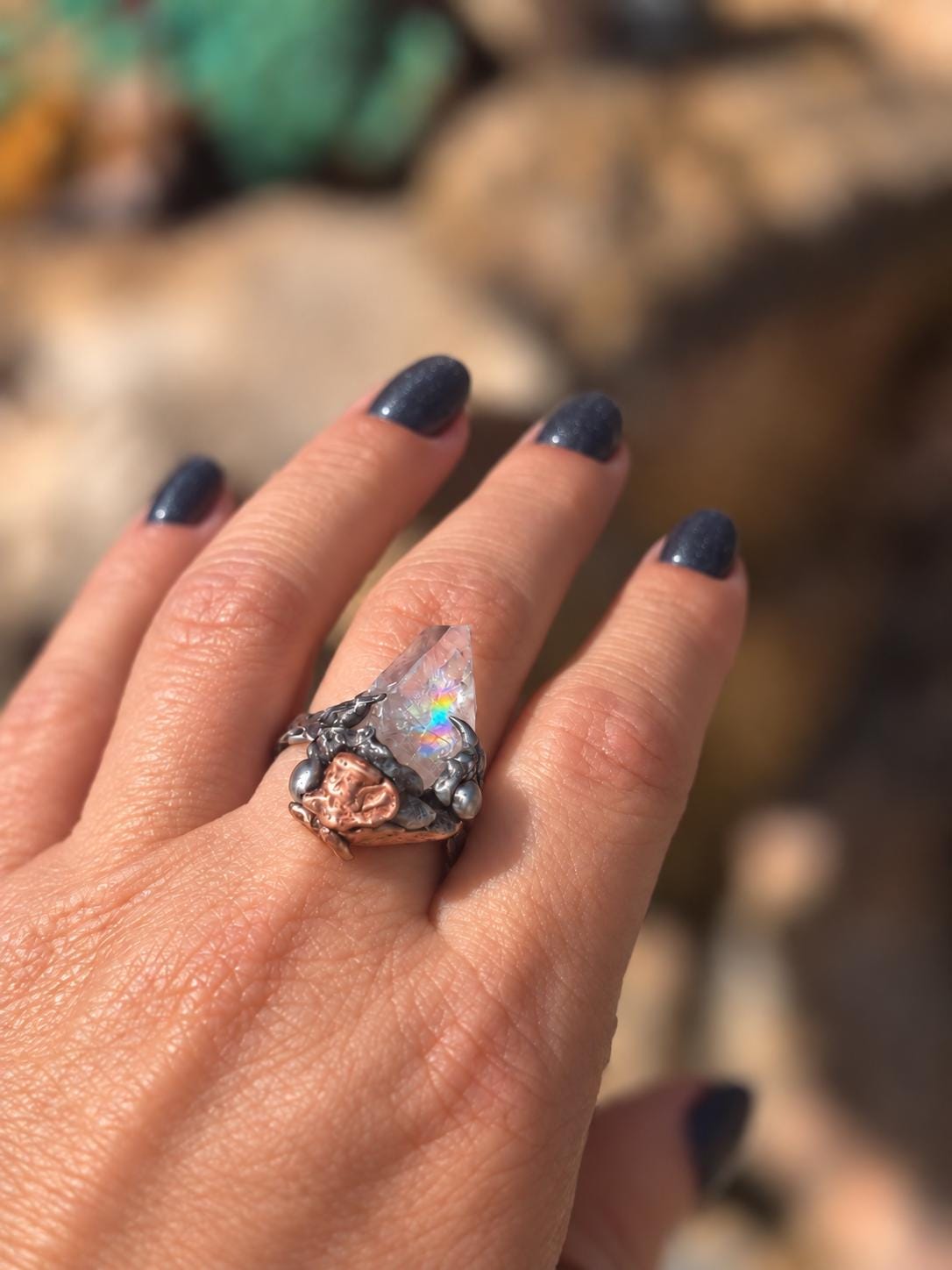 RESURGENT Clawed Back Ring, Raw Quartz Crystal Statement Ring, Handmade Copper Silver Soldered Claw Ring