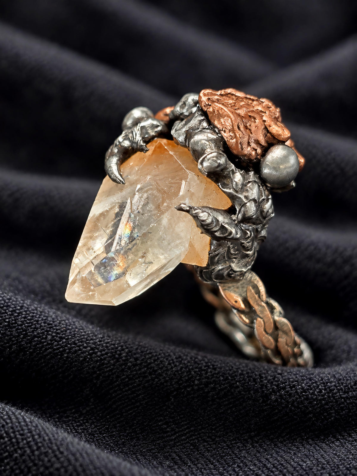 RESURGENT Clawed Back Ring, Raw Quartz Crystal Statement Ring, Handmade Copper Silver Soldered Claw Ring