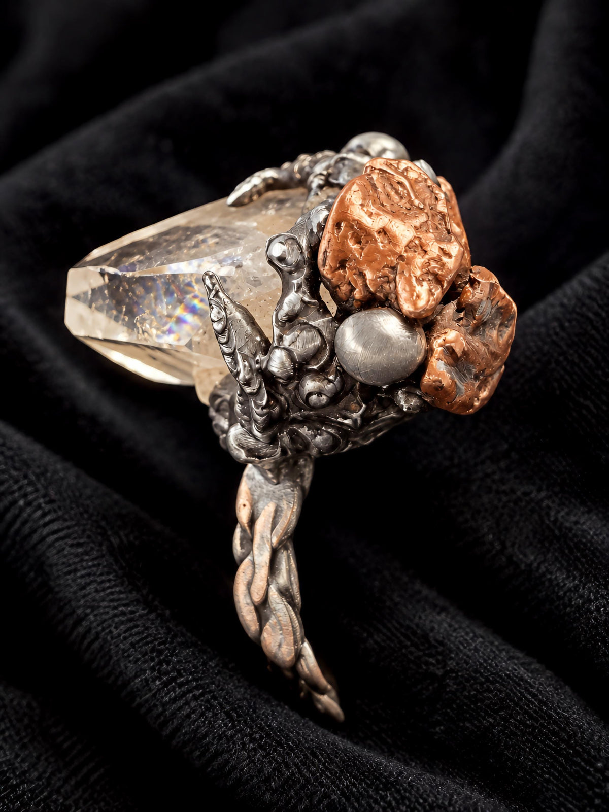 RESURGENT Clawed Back Ring, Raw Quartz Crystal Statement Ring, Handmade Copper Silver Soldered Claw Ring