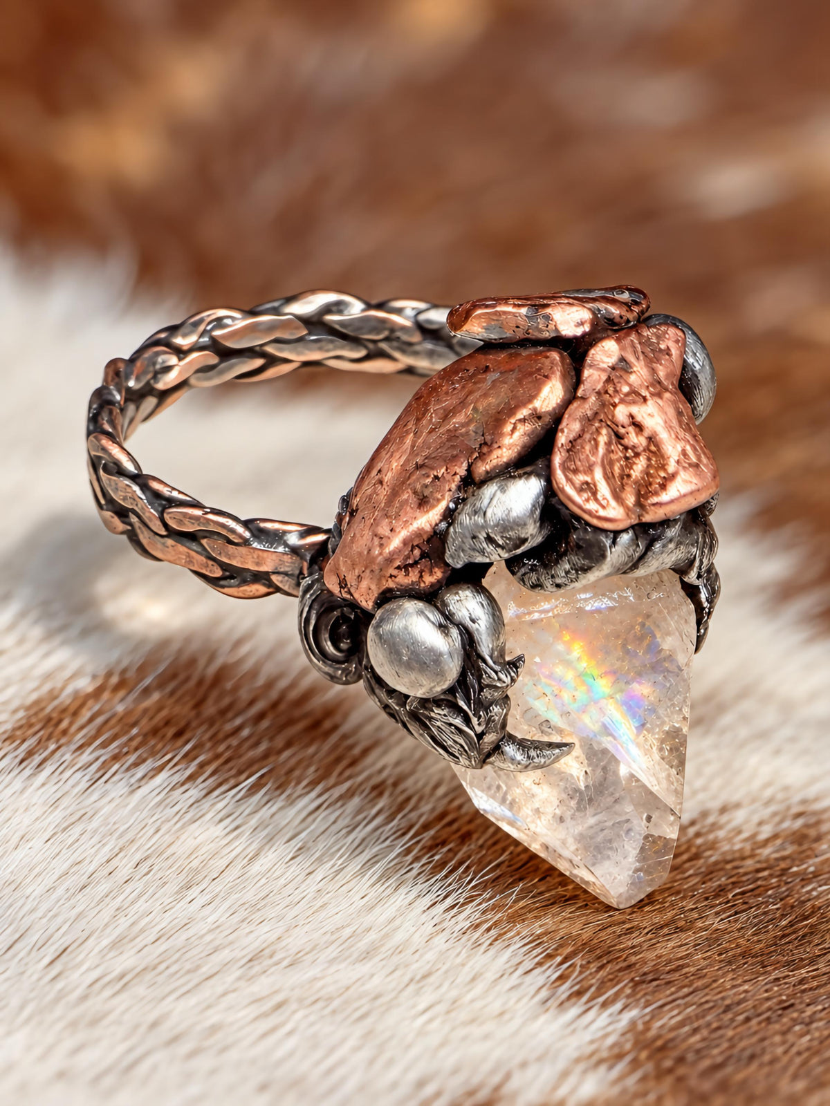 RESURGENT Clawed Back Ring, Raw Quartz Crystal Statement Ring, Handmade Copper Silver Soldered Claw Ring