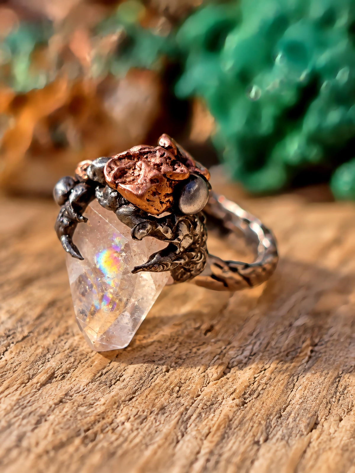 RESURGENT Clawed Back Ring, Raw Quartz Crystal Statement Ring, Handmade Copper Silver Soldered Claw Ring