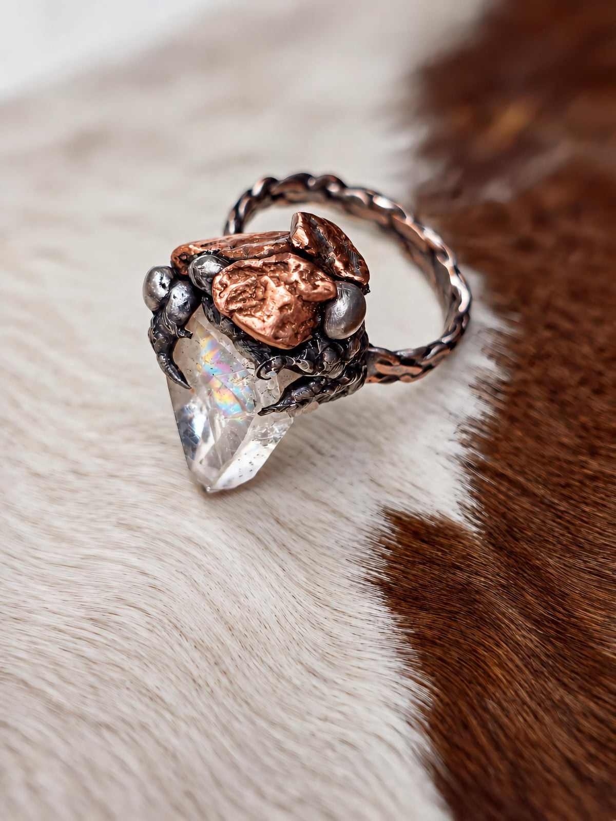 RESURGENT Clawed Back Ring, Raw Quartz Crystal Statement Ring, Handmade Copper Silver Soldered Claw Ring
