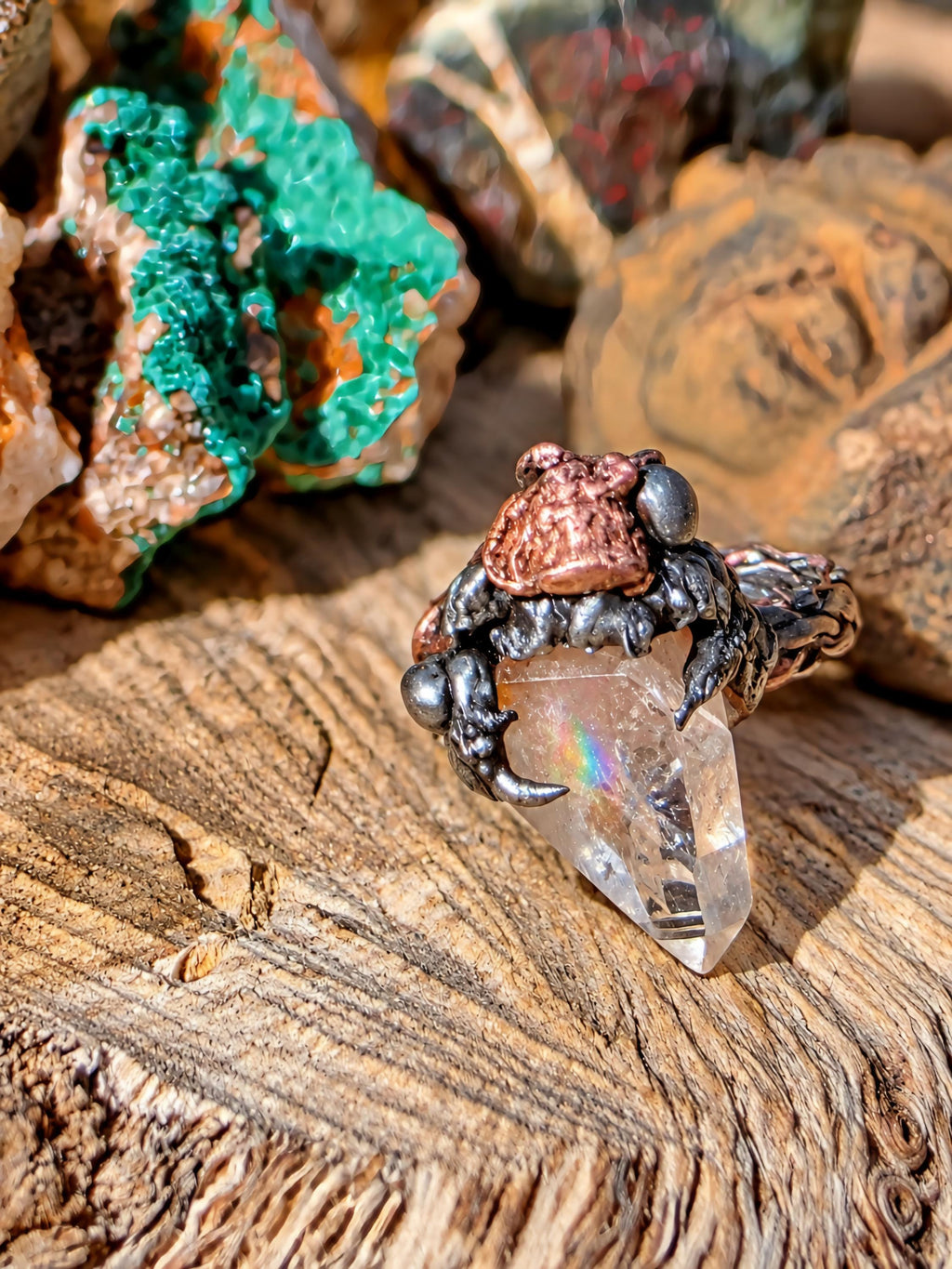 RESURGENT Clawed Back Ring, Raw Quartz Crystal Statement Ring, Handmade Copper Silver Soldered Claw Ring