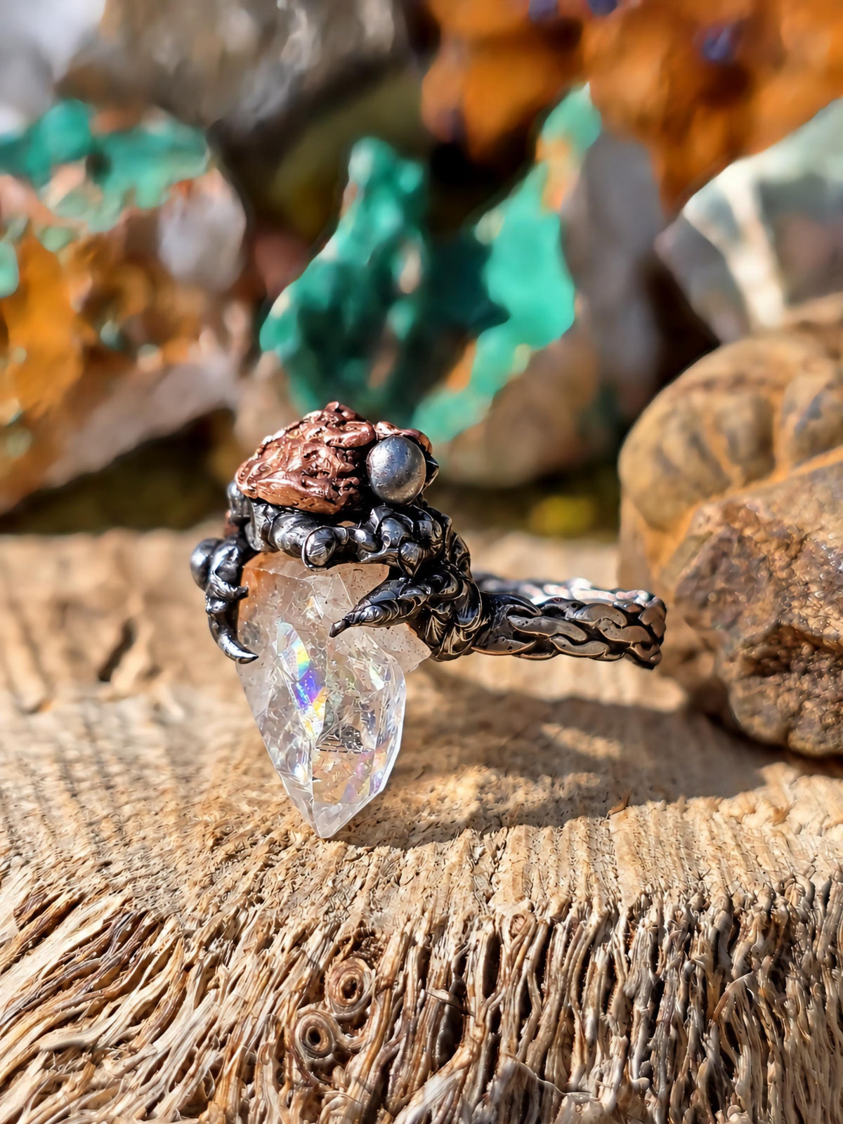 RESURGENT Clawed Back Ring, Raw Quartz Crystal Statement Ring, Handmade Copper Silver Soldered Claw Ring