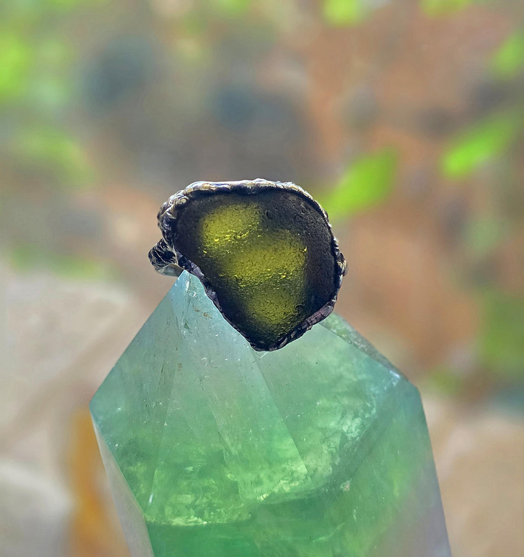 RESURGENT One Piece Left Ring, Green Sea Glass Statement Ring, Handmade Silver Soldered Glass Ring