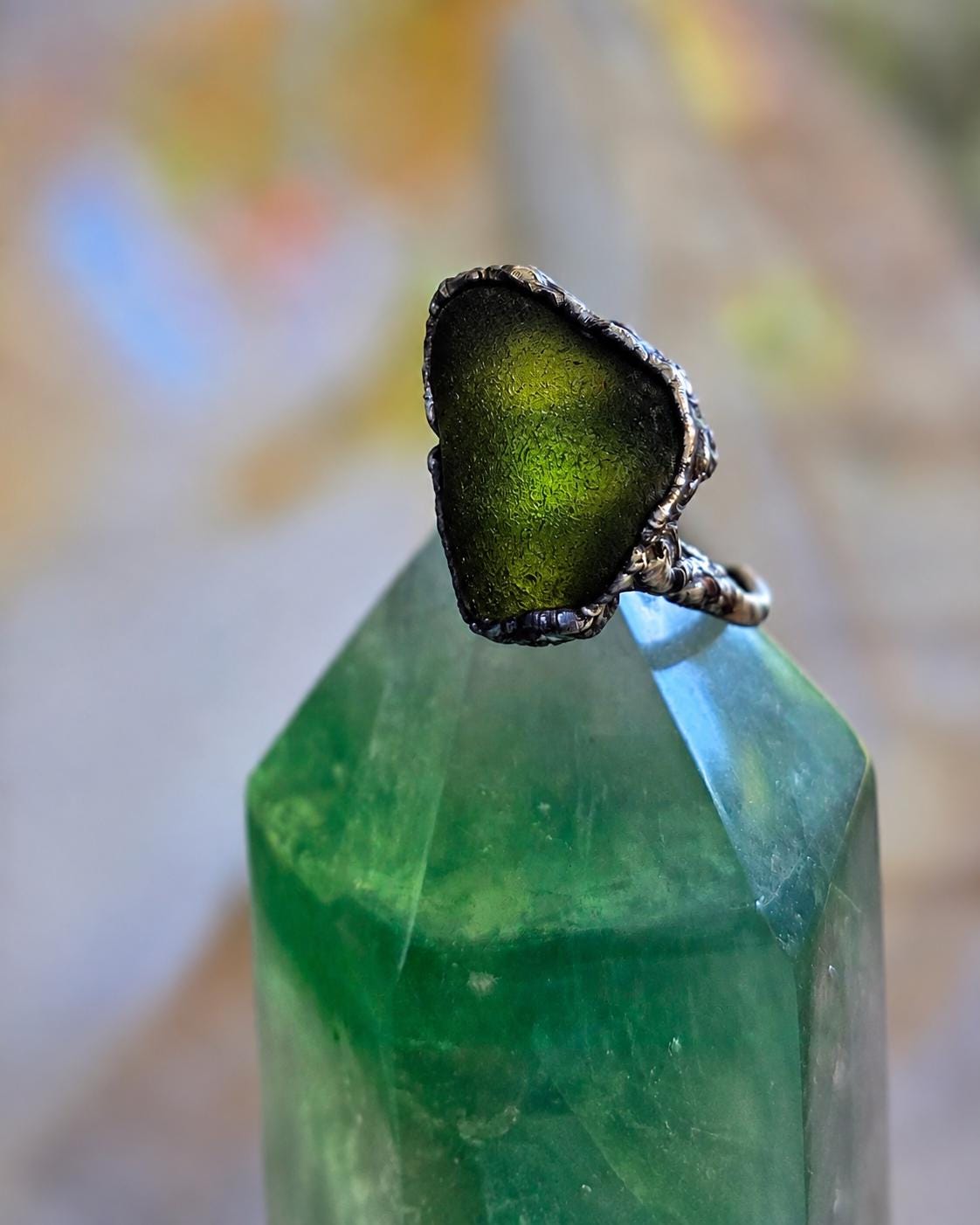 RESURGENT One Piece Left Ring, Green Sea Glass Statement Ring, Handmade Silver Soldered Glass Ring
