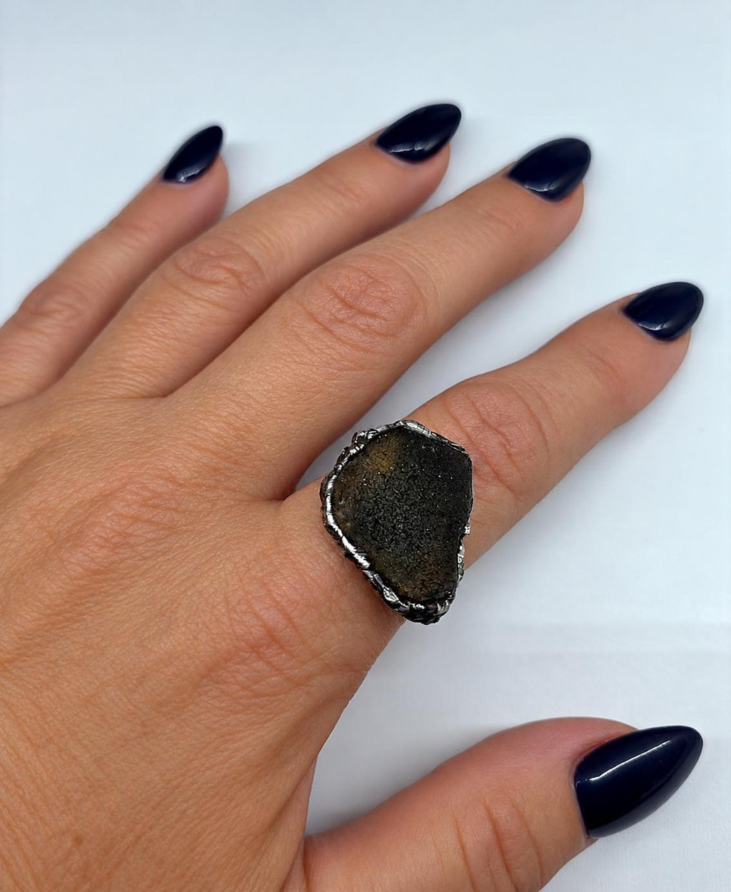 RESURGENT One Piece Left Ring, Green Sea Glass Statement Ring, Handmade Silver Soldered Glass Ring