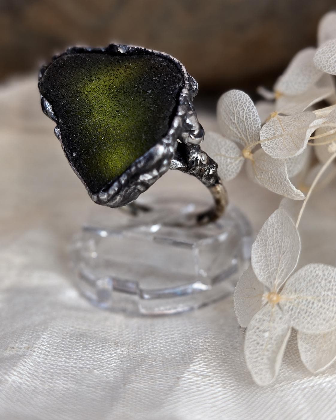 RESURGENT One Piece Left Ring, Green Sea Glass Statement Ring, Handmade Silver Soldered Glass Ring