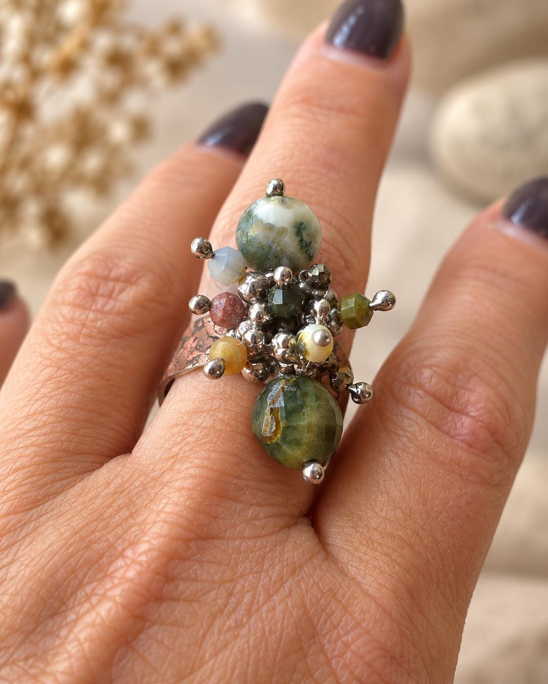 Handmade Copper Statement Ring, Green Gemstone Cluster Ring, Boho Artisan Jewelry, One of a Kind Ring, Wild One Just Me