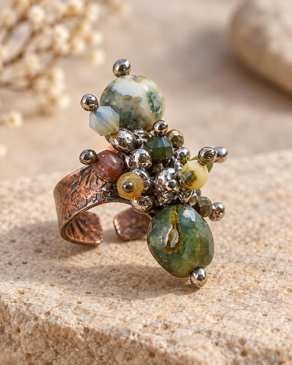 Handmade Copper Statement Ring, Green Gemstone Cluster Ring, Boho Artisan Jewelry, One of a Kind Ring, Wild One Just Me