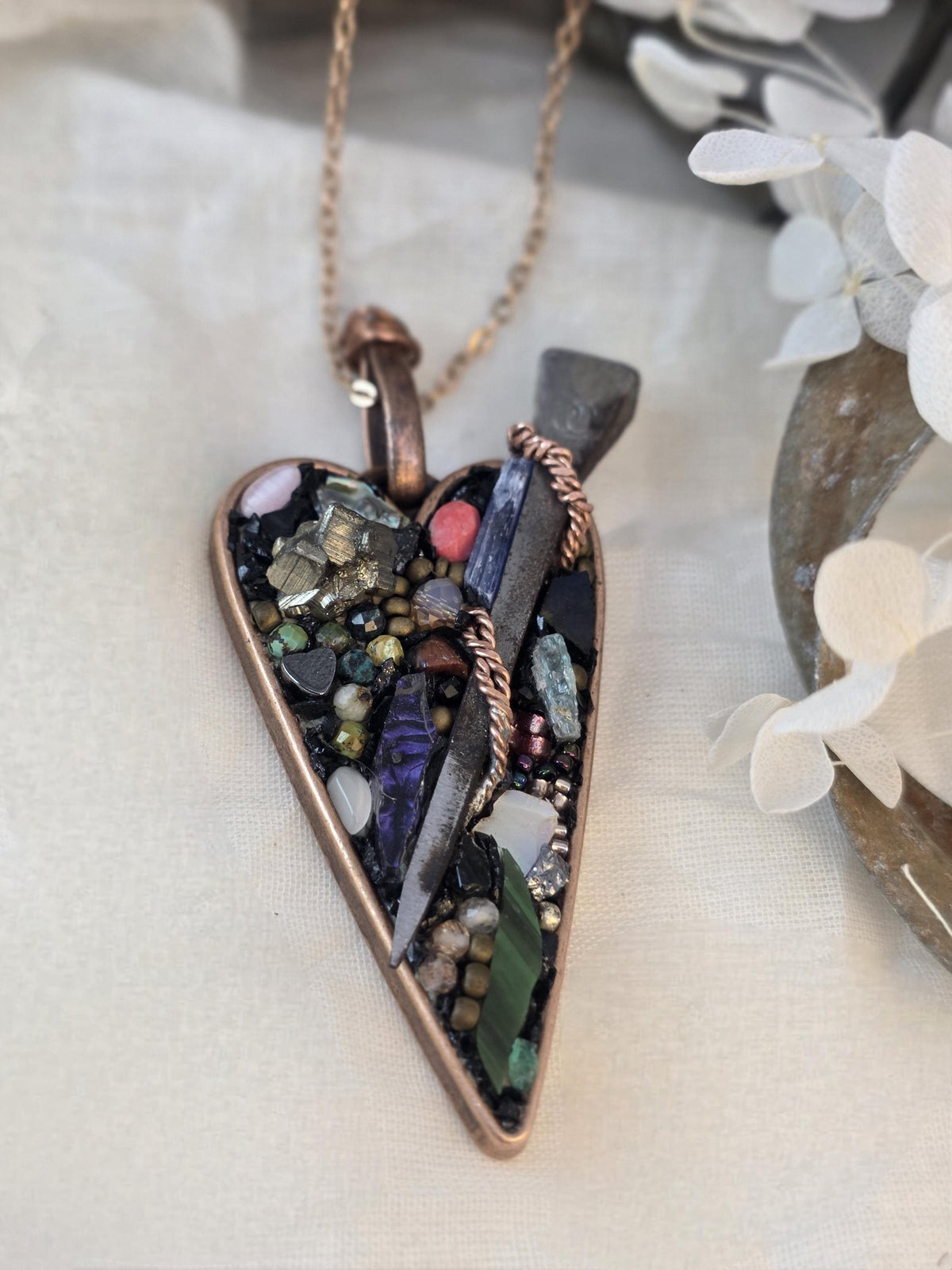 RESURGENT Survivor’s Trophy Necklace, Handmade Copper Heart Pendant, Nail Jewelry, Micromosaic Shard Necklace