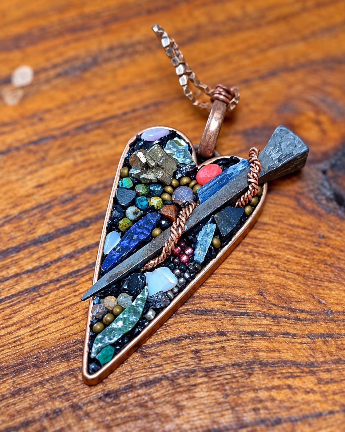 RESURGENT Survivor’s Trophy Necklace, Handmade Copper Heart Pendant, Nail Jewelry, Micromosaic Shard Necklace