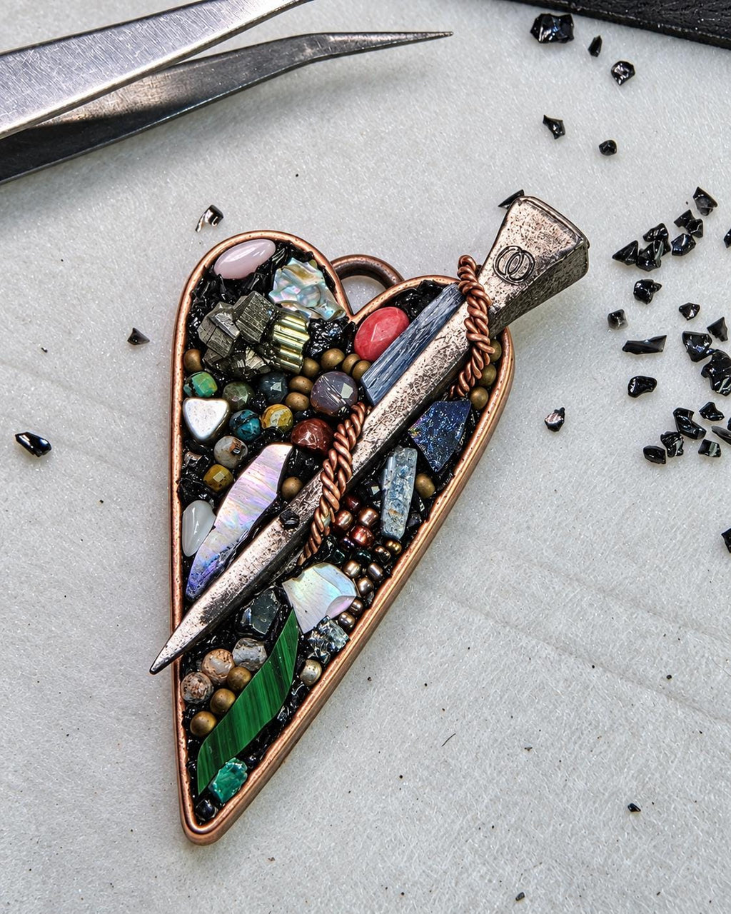 RESURGENT Survivor’s Trophy Necklace, Handmade Copper Heart Pendant, Nail Jewelry, Micromosaic Shard Necklace