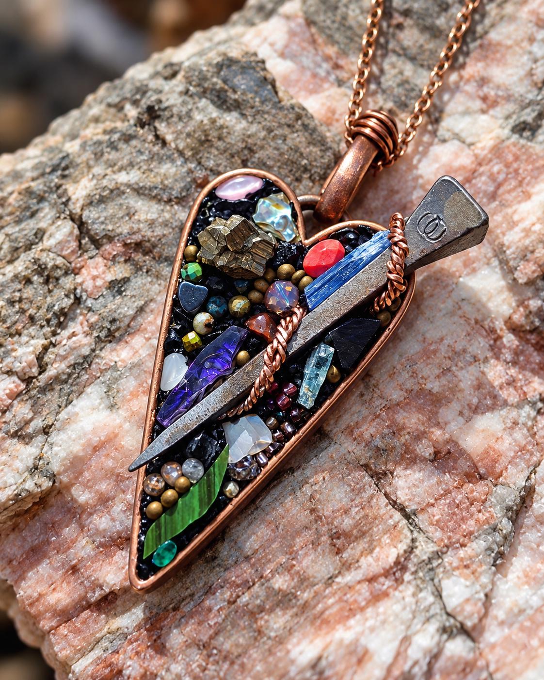 RESURGENT Survivor’s Trophy Necklace, Handmade Copper Heart Pendant, Nail Jewelry, Micromosaic Shard Necklace