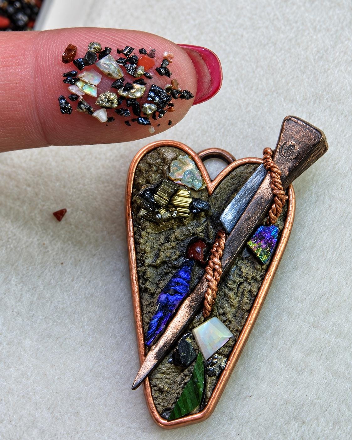 RESURGENT Survivor’s Trophy Necklace, Handmade Copper Heart Pendant, Nail Jewelry, Micromosaic Shard Necklace