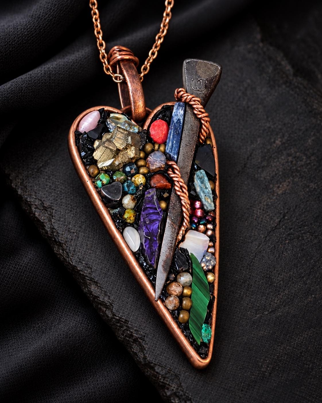 RESURGENT Survivor’s Trophy Necklace, Handmade Copper Heart Pendant, Nail Jewelry, Micromosaic Shard Necklace