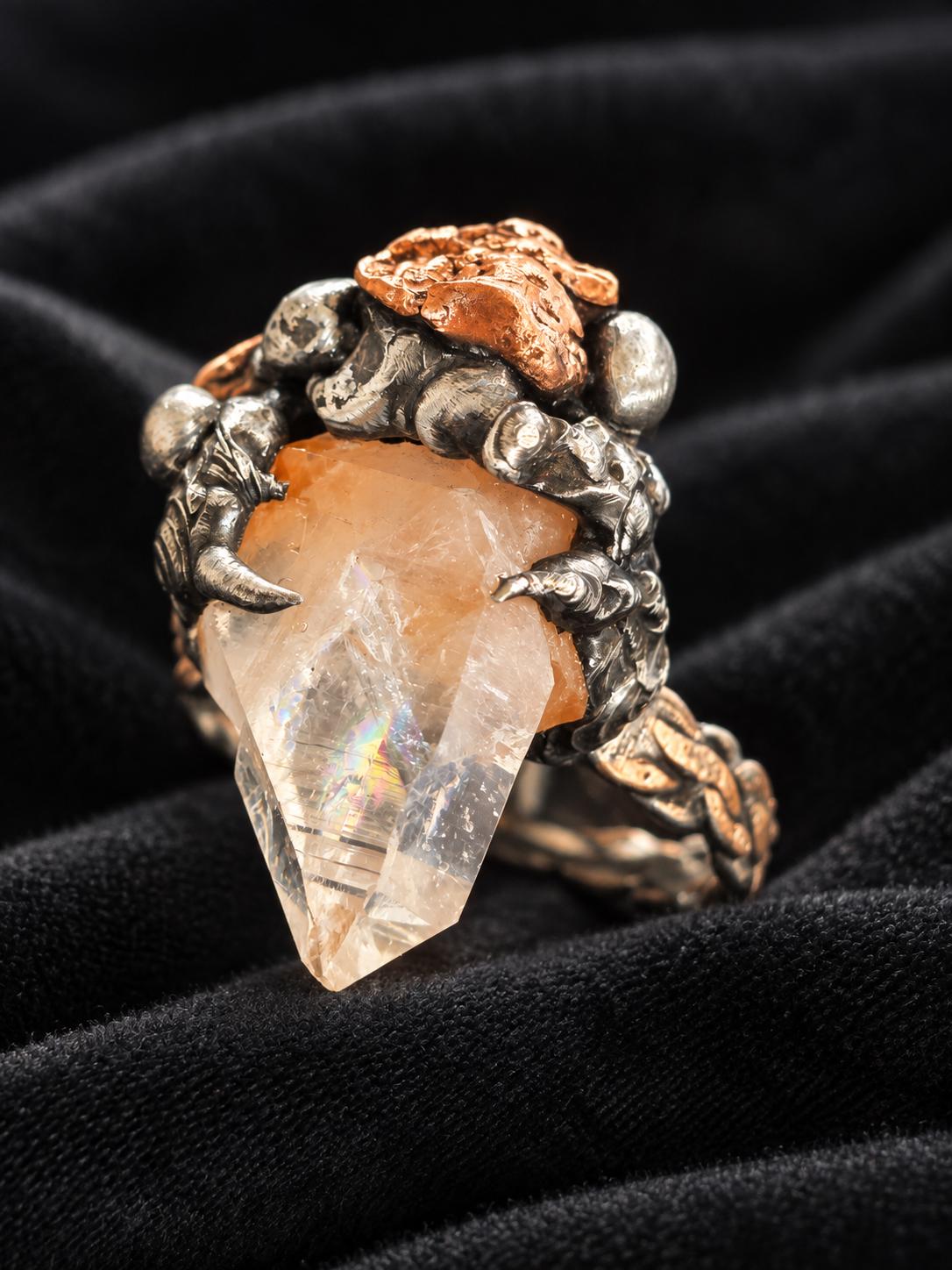 RESURGENT Clawed Back Ring, Raw Quartz Crystal Statement Ring, Handmade Copper Silver Soldered Claw Ring