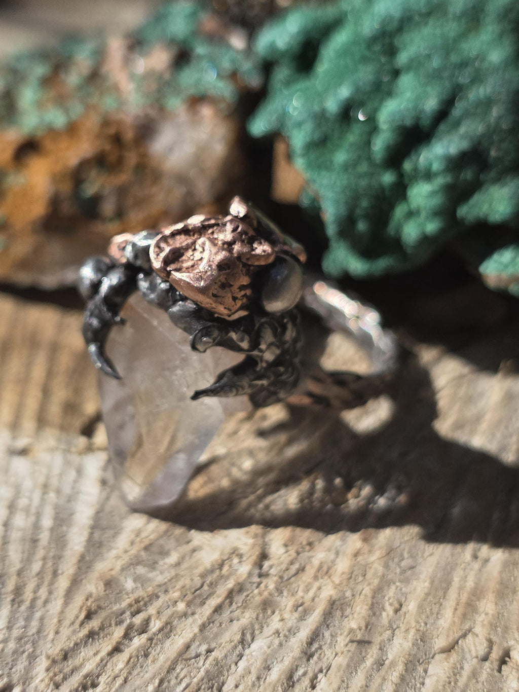 RESURGENT Clawed Back Ring, Raw Quartz Crystal Statement Ring, Handmade Copper Silver Soldered Claw Ring