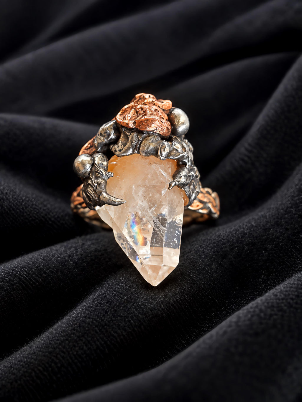 RESURGENT Clawed Back Ring, Raw Quartz Crystal Statement Ring, Handmade Copper Silver Soldered Claw Ring