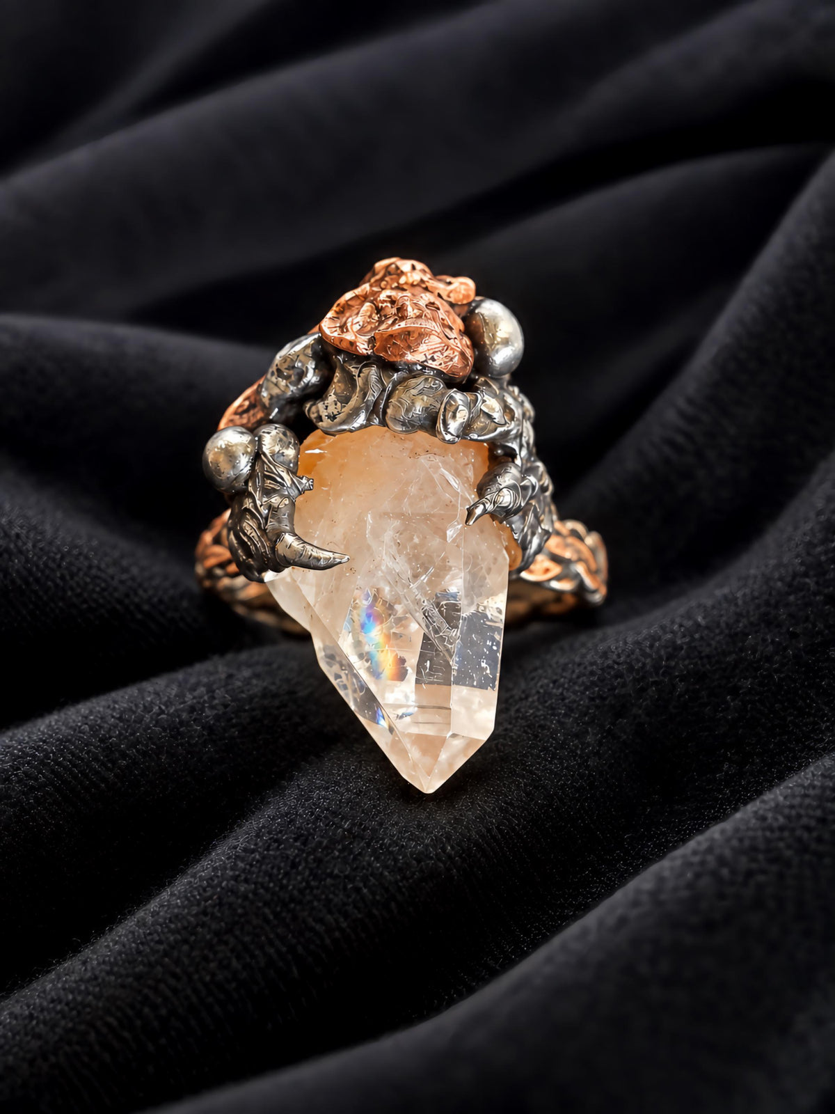RESURGENT Clawed Back Ring, Raw Quartz Crystal Statement Ring, Handmade Copper Silver Soldered Claw Ring