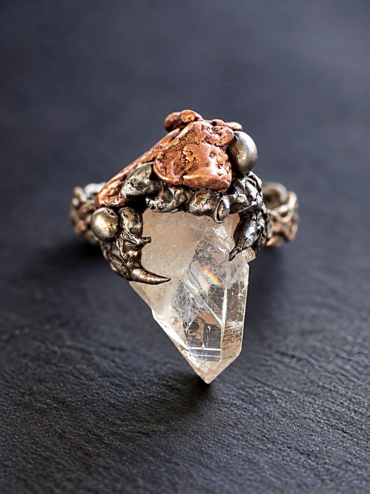 RESURGENT Clawed Back Ring, Raw Quartz Crystal Statement Ring, Handmade Copper Silver Soldered Claw Ring