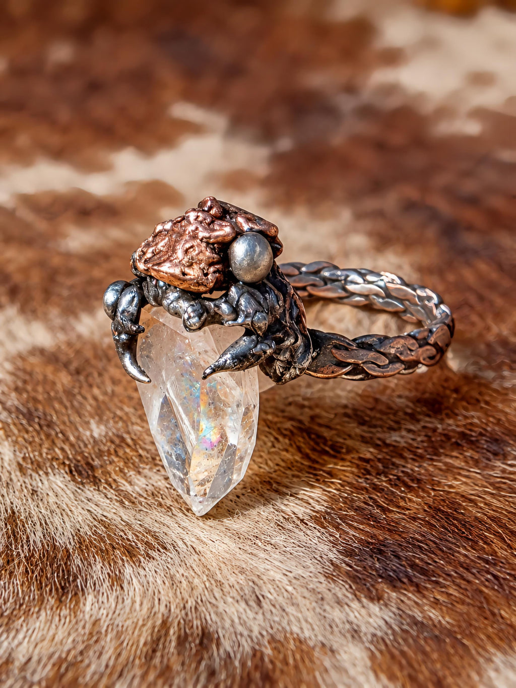 RESURGENT Clawed Back Ring, Raw Quartz Crystal Statement Ring, Handmade Copper Silver Soldered Claw Ring