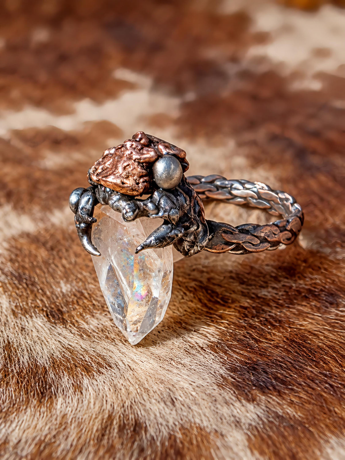 RESURGENT Clawed Back Ring, Raw Quartz Crystal Statement Ring, Handmade Copper Silver Soldered Claw Ring