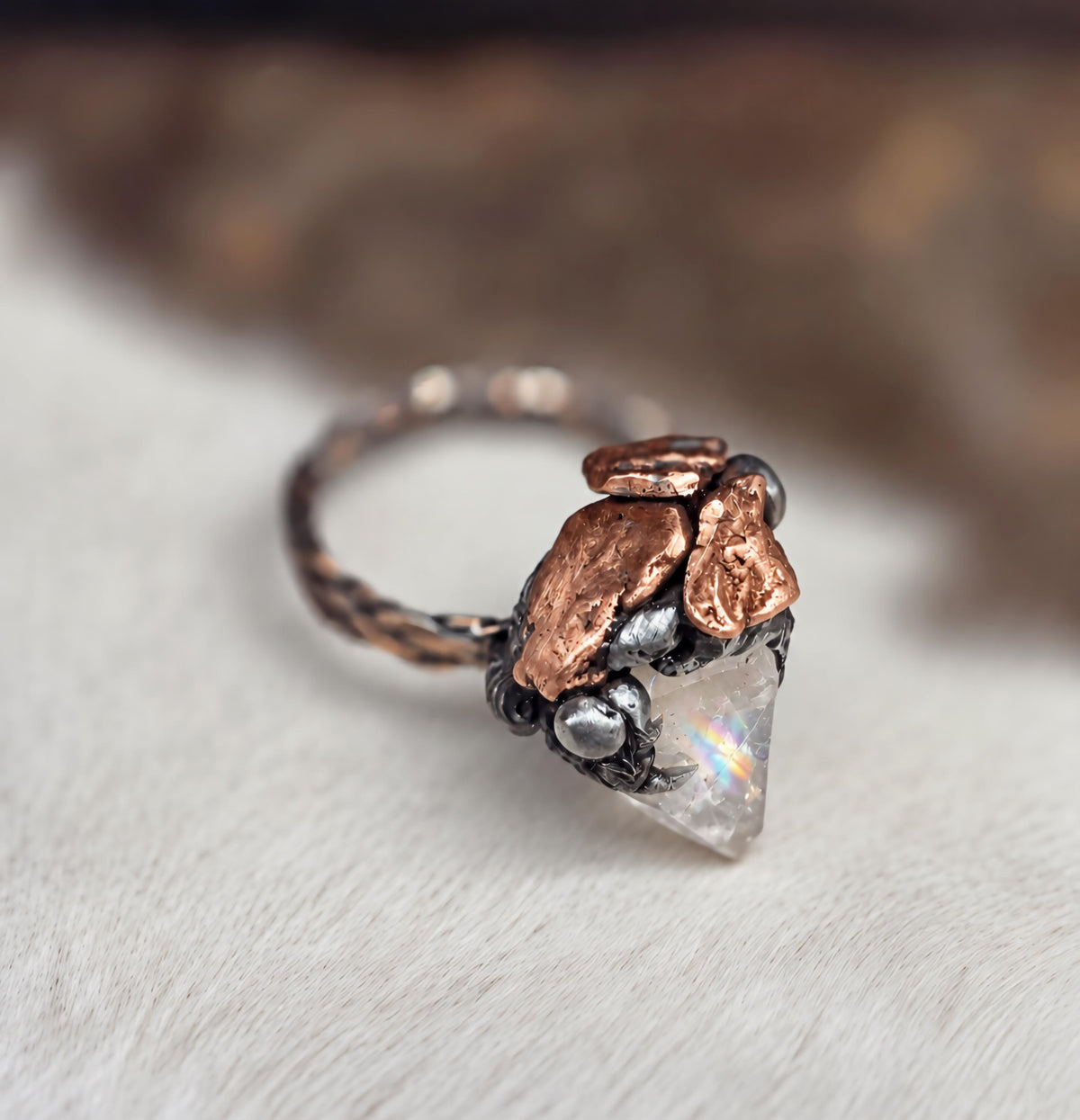 RESURGENT Clawed Back Ring, Raw Quartz Crystal Statement Ring, Handmade Copper Silver Soldered Claw Ring