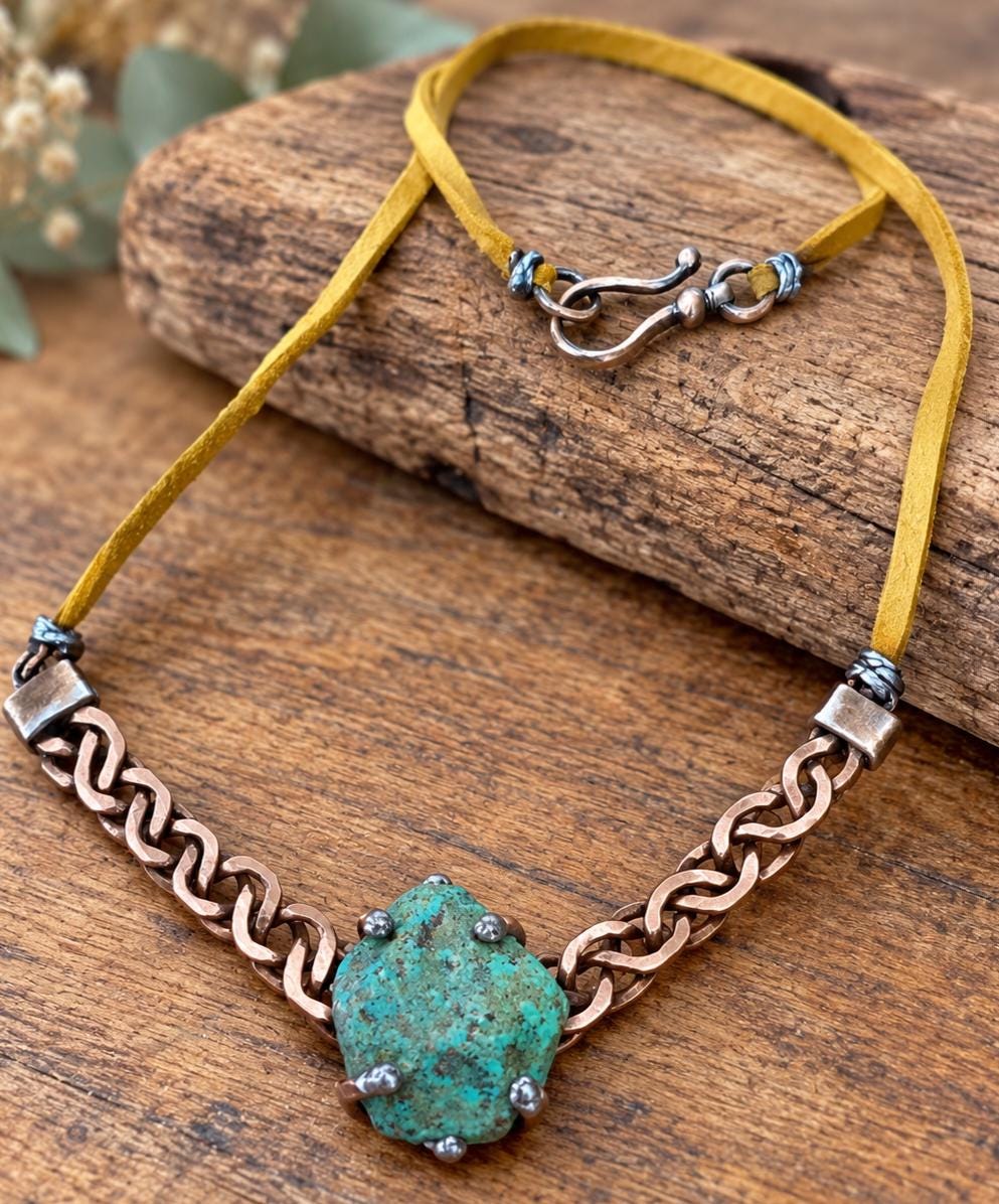 Just Me Rooted Necklace, Raw Turquoise Statement Necklace, Handmade Copper Chain Jewelry, Rustic Mixed Metal Artisan Necklace