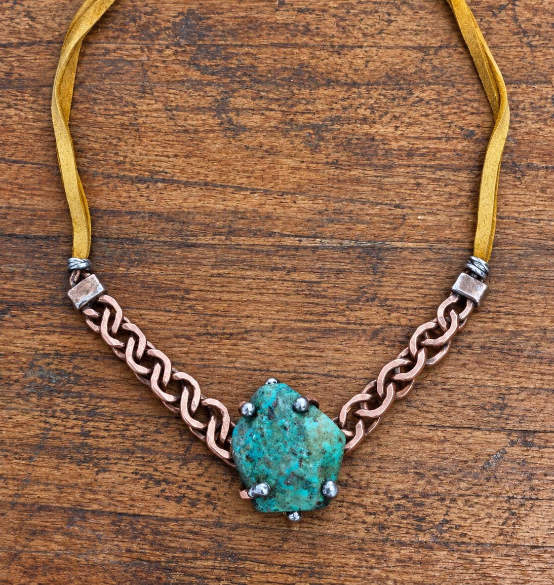 Just Me Rooted Necklace, Raw Turquoise Statement Necklace, Handmade Copper Chain Jewelry, Rustic Mixed Metal Artisan Necklace