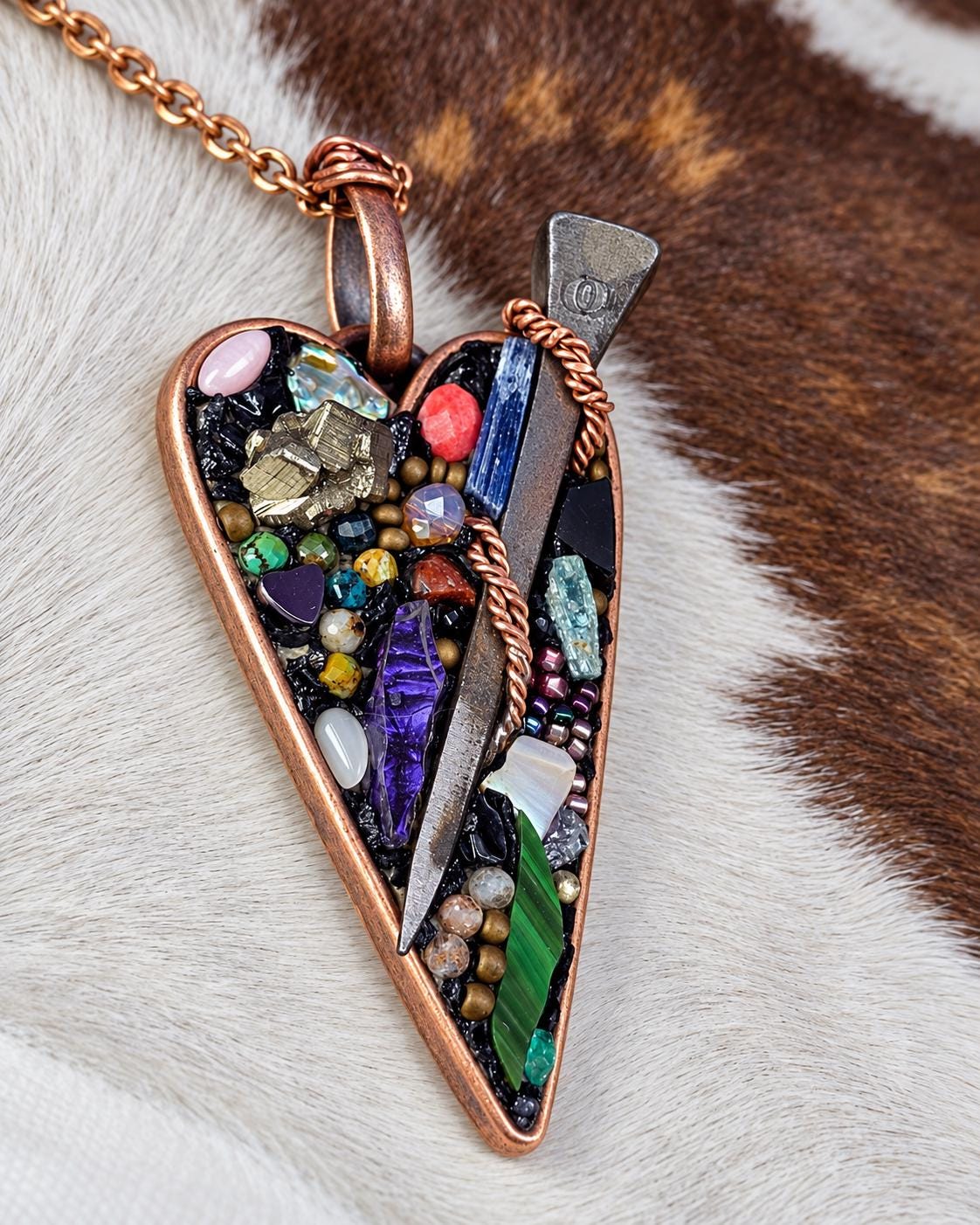 RESURGENT Survivor’s Trophy Necklace, Handmade Copper Heart Pendant, Nail Jewelry, Micromosaic Shard Necklace