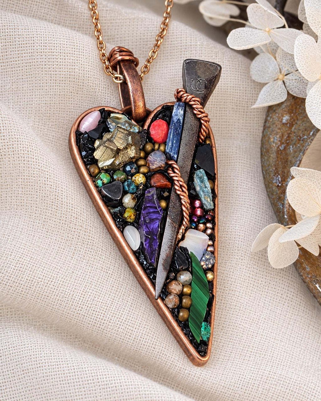RESURGENT Survivor’s Trophy Necklace, Handmade Copper Heart Pendant, Nail Jewelry, Micromosaic Shard Necklace