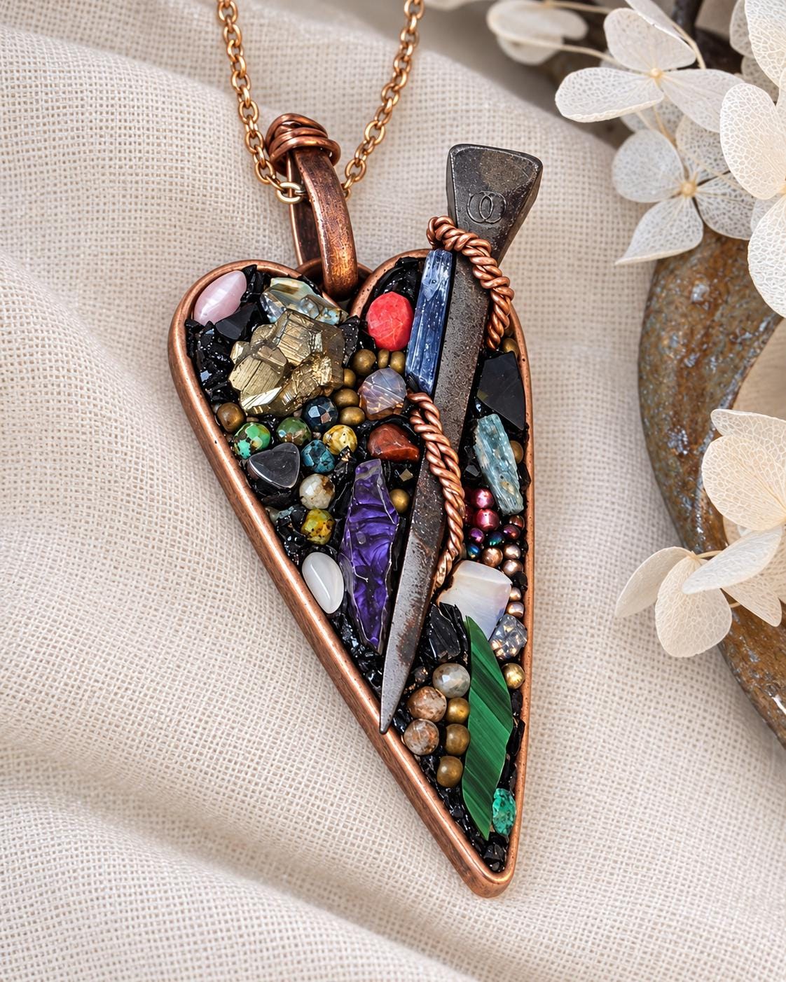 RESURGENT Survivor’s Trophy Necklace, Handmade Copper Heart Pendant, Nail Jewelry, Micromosaic Shard Necklace