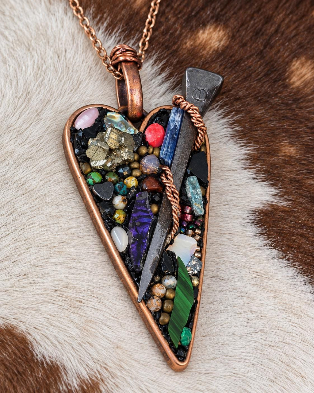 RESURGENT Survivor’s Trophy Necklace, Handmade Copper Heart Pendant, Nail Jewelry, Micromosaic Shard Necklace