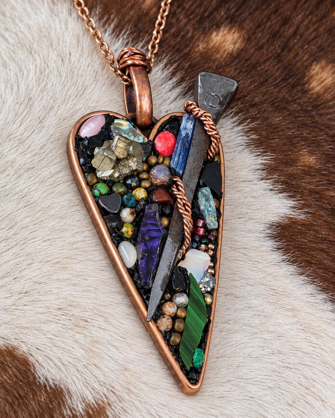 RESURGENT Survivor’s Trophy Necklace, Handmade Copper Heart Pendant, Nail Jewelry, Micromosaic Shard Necklace