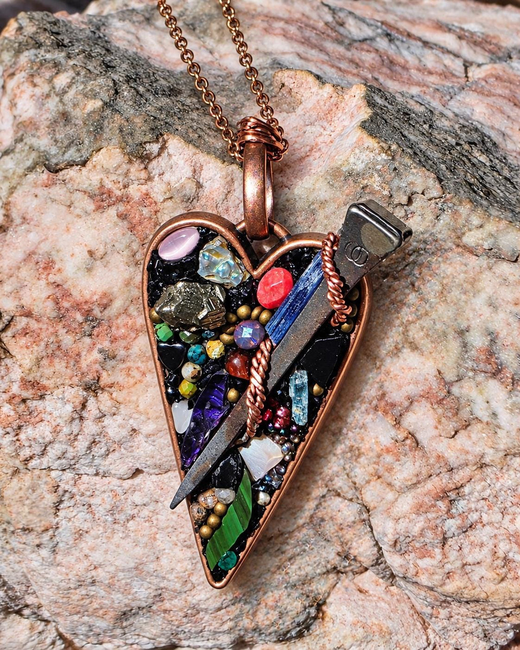 RESURGENT Survivor’s Trophy Necklace, Handmade Copper Heart Pendant, Nail Jewelry, Micromosaic Shard Necklace
