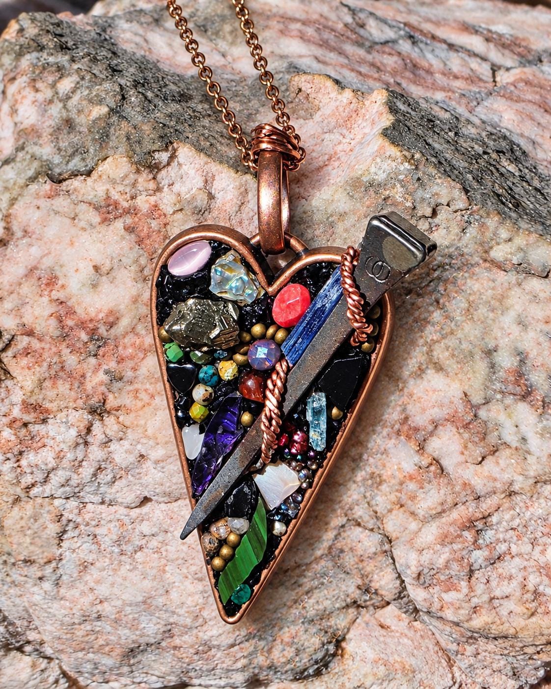 RESURGENT Survivor’s Trophy Necklace, Handmade Copper Heart Pendant, Nail Jewelry, Micromosaic Shard Necklace