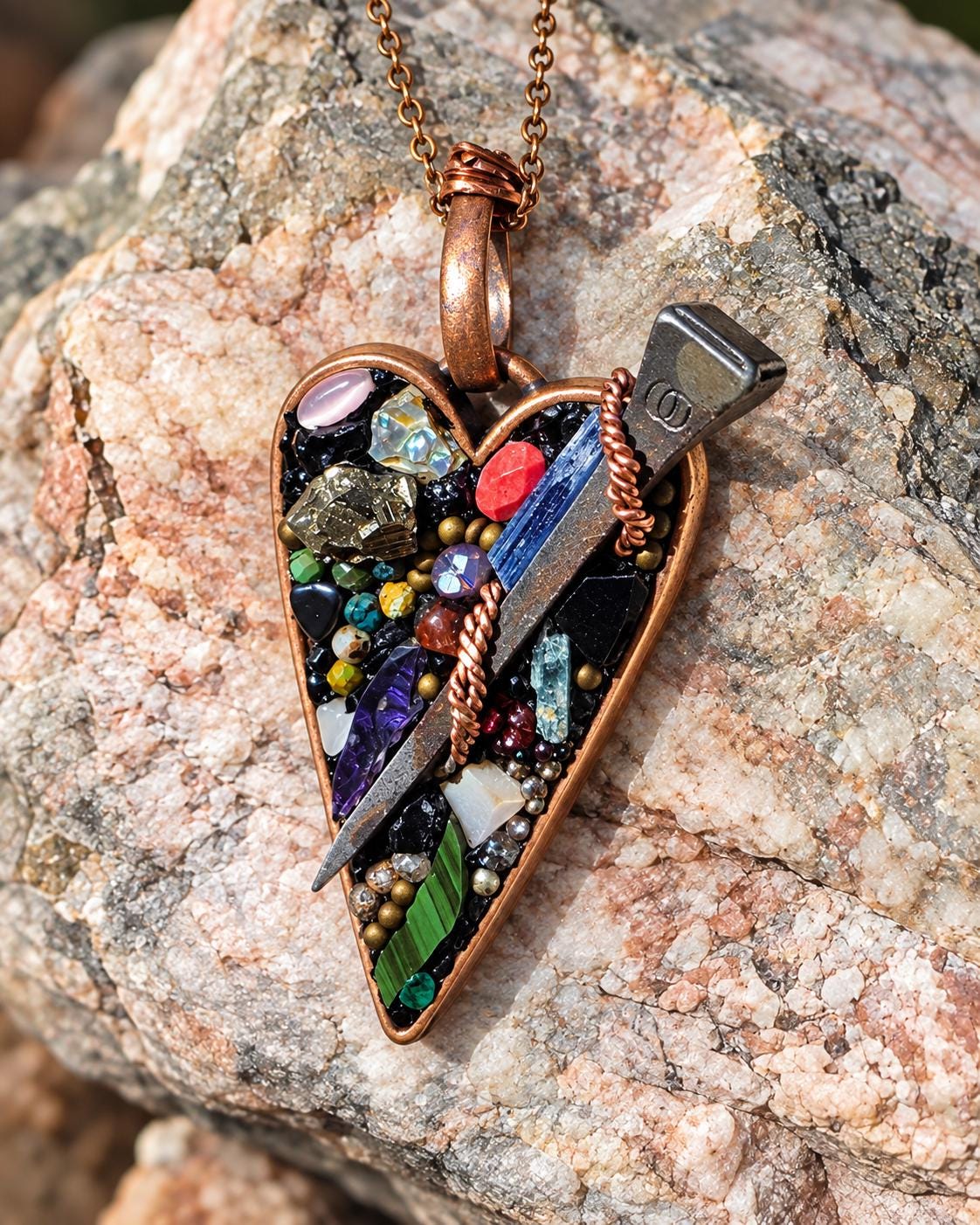 RESURGENT Survivor’s Trophy Necklace, Handmade Copper Heart Pendant, Nail Jewelry, Micromosaic Shard Necklace